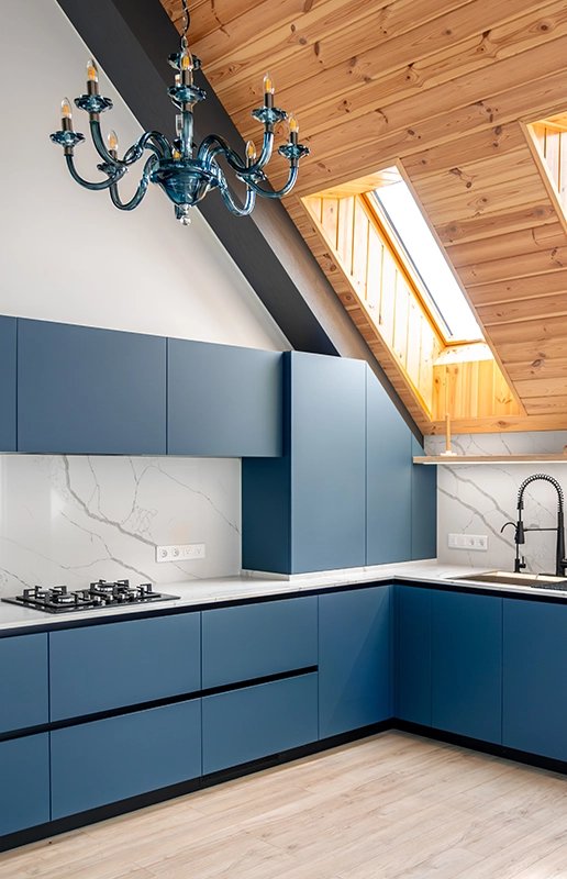 Modern Kitchen with Blue Cabinets and Skylight in Fairfield CA House