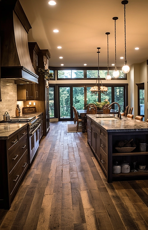 Modern Kitchen Design with Wooden Floors and Spacious Dining Area