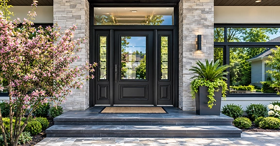 Modern Entryway with Stone Exterior and Black Front Door in Fairfield CA