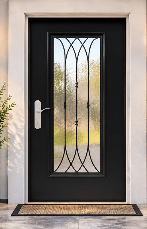 Elegant Black Front Door with Decorative Glass Panel and Modern Handle