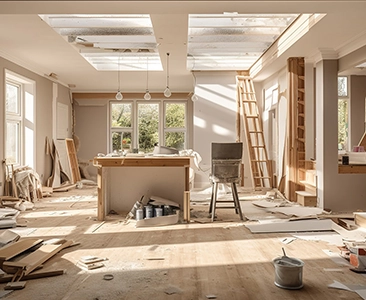 Open-Plan Room Undergoing Home Remodeling Fairfield CA with Exposed Ceiling Beams