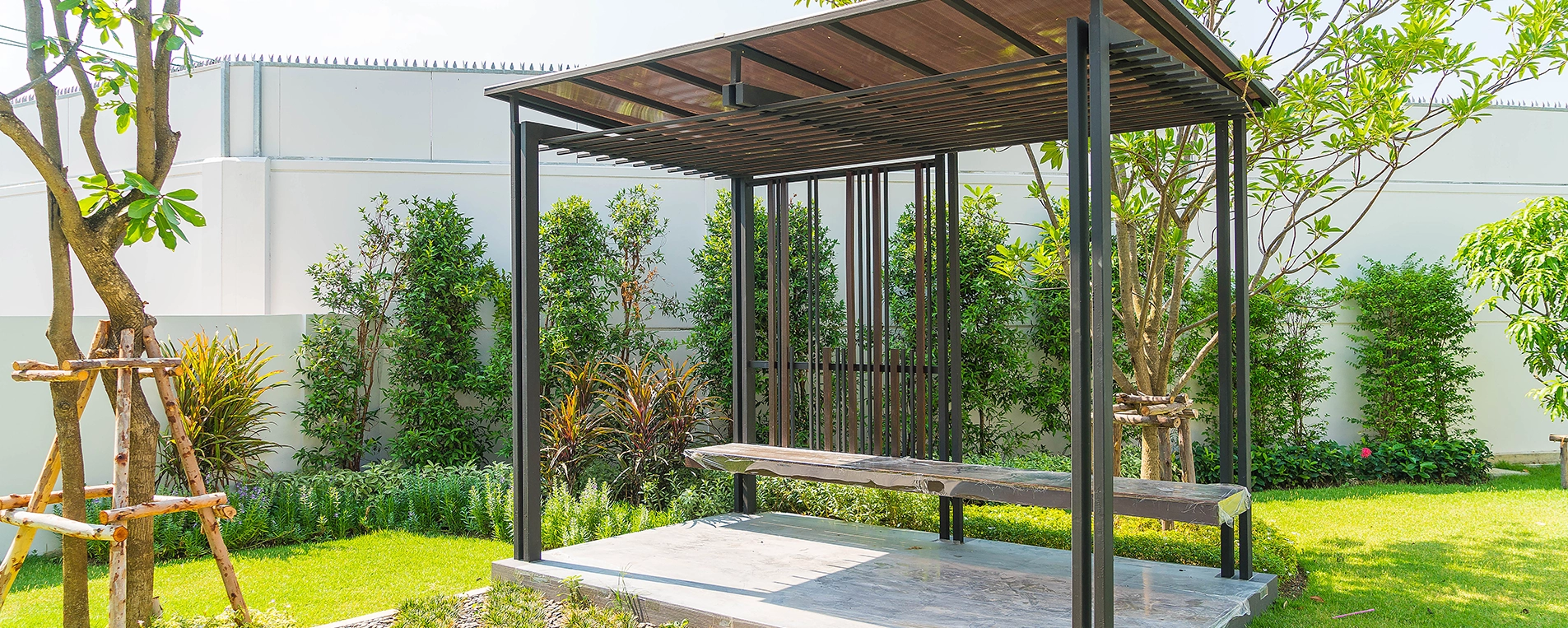 Modern Outdoor Deck Gazebo with Metal Frame and Wooden Bench
