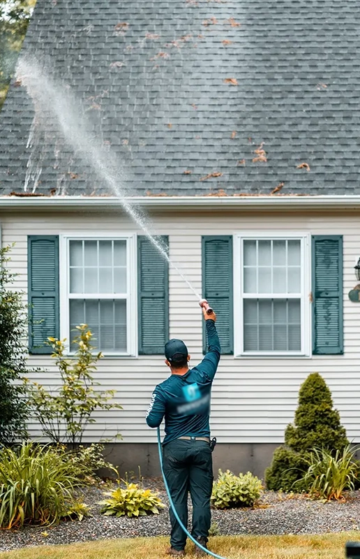 Person Power Washing a House Roof in Fairfield CA
