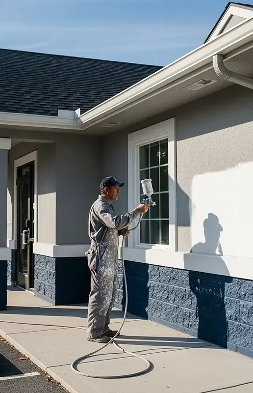 Person Painting Exterior Wall of a Building on a Sunny Day