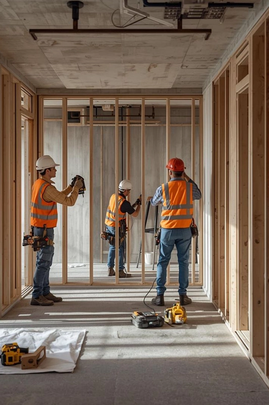 Construction Workers Framing Walls for Home Remodeling Fairfield CA