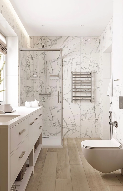 Modern Bathroom with Marble Walls and Glass Shower Enclosure