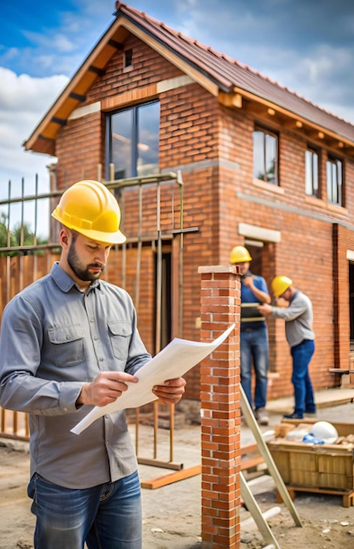 Construction Workers Building a Brick House, Reviewing Plans on Site