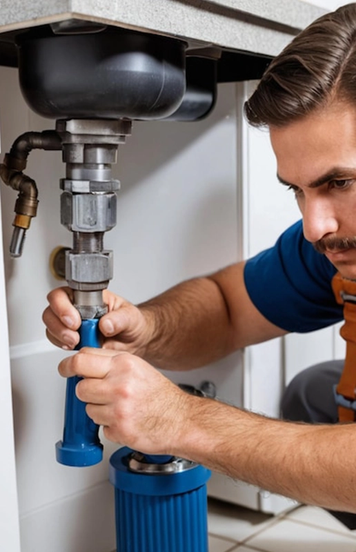 Plumber Fixing Sink Pipes Under the Kitchen Counter