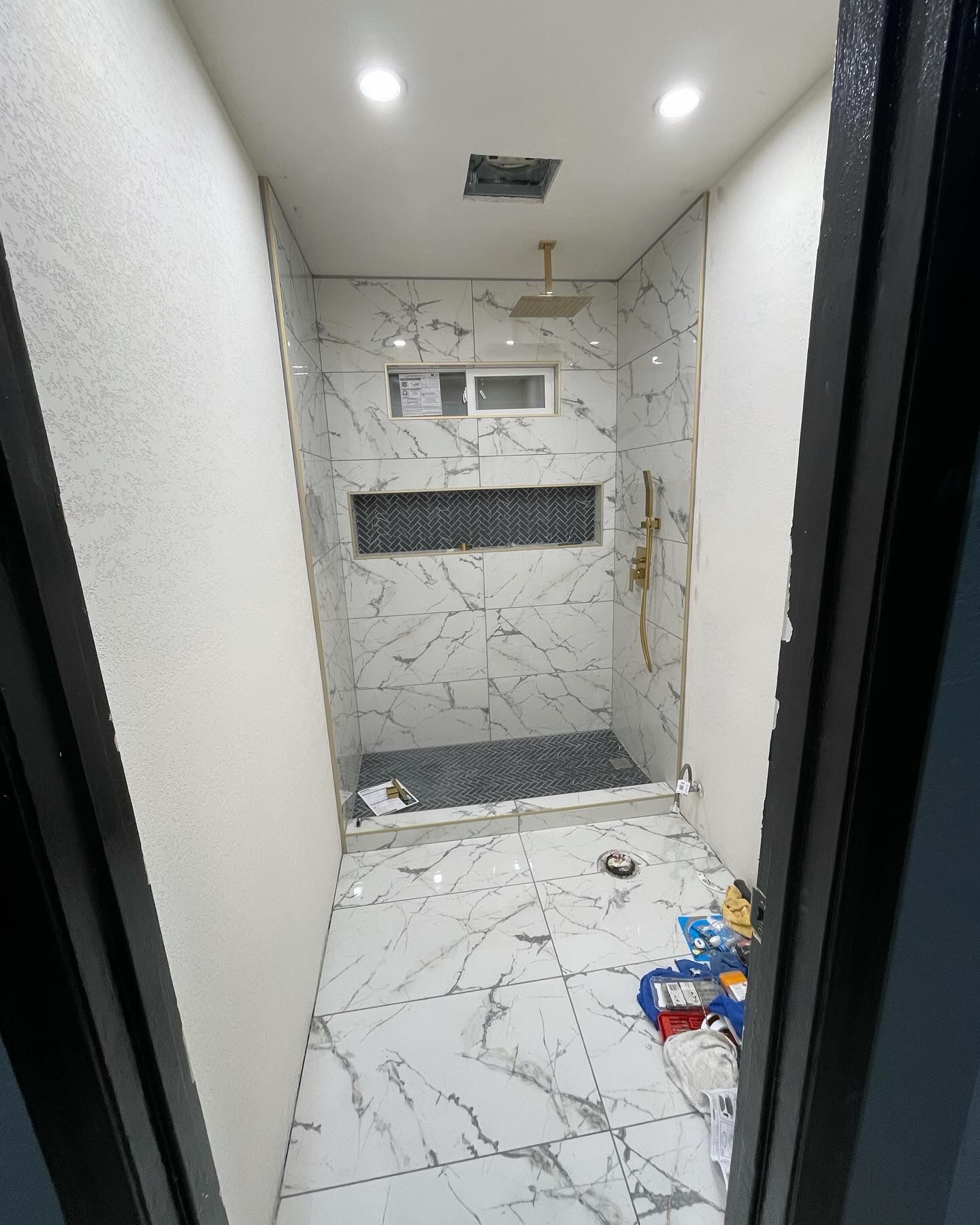 Marble Bathroom Remodeling in Progress Fairfield CA with Recessed Lighting