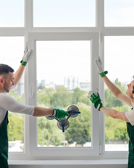 Two Workers Installing a Large Window in a Modern Home